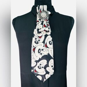Black and White Mickey Mouse Necktie with Black/Diamond Burst Brooch